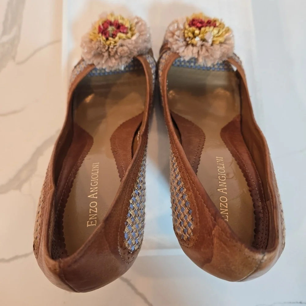 Enzo Angiolini Floral Weave Leather Peep Toe Fairycore Boho Heels Brown Blue 8.5